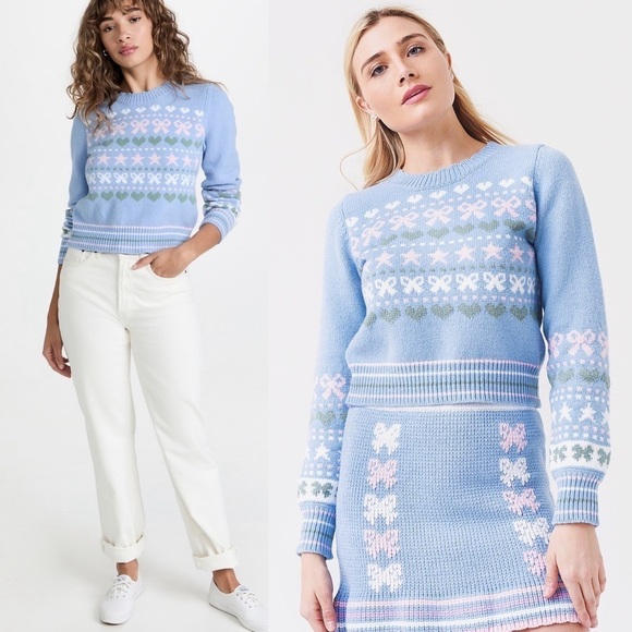 LOVESHACKFANCY 90s Pastel Heart Bow Fair Isle Knit Pullover Cropped Sweater XL - Picture 12 of 16